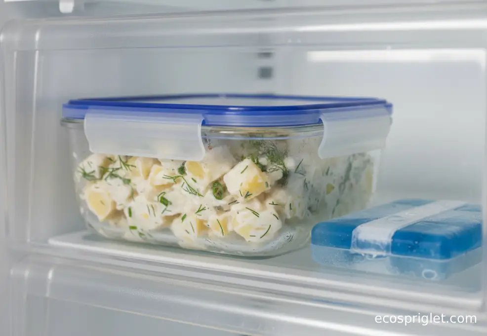 Covered container of potato salad stored in a refrigerator drawer beside an ice pack.