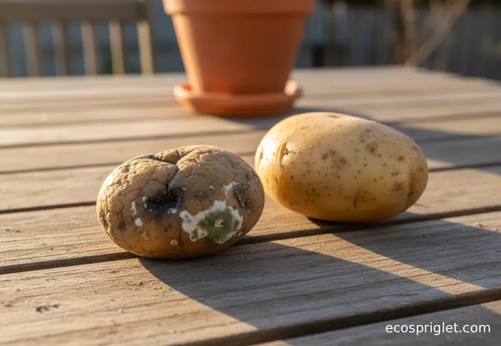 Wrinkled potato with soft spots next to a firm potato on a wooden table.