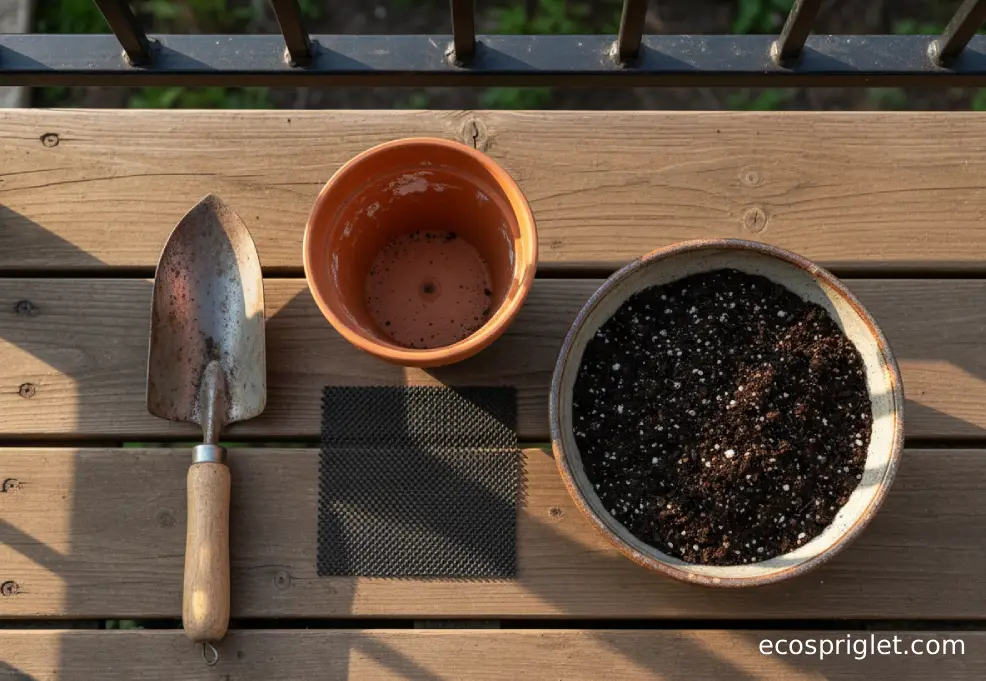 A terracotta pot, drainage screen, potting mix, and hand trowel arranged for repotting on wooden decking.