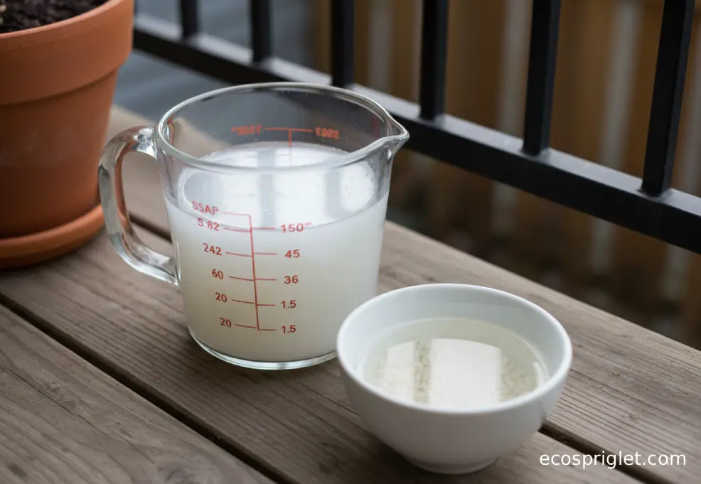 Cloudy rice rinse water sits beside a terracotta plant pot on a small Portland terrace.