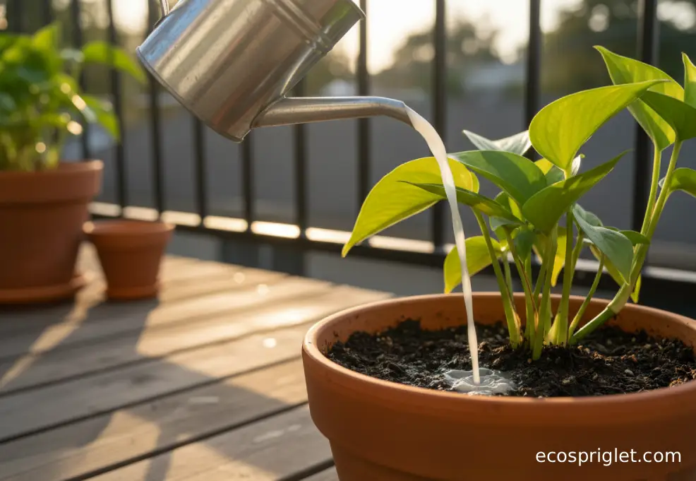 Diluted rice water is poured onto the soil of a leafy plant in a terracotta pot.