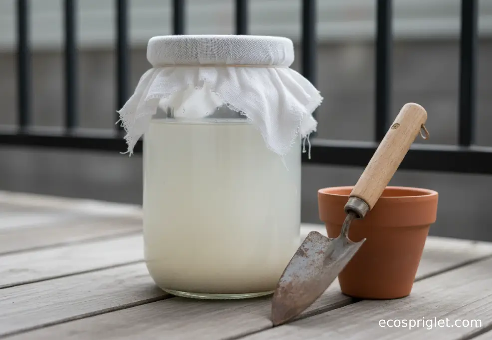 A loosely covered jar of fermenting rice water sits beside a terracotta pot and hand trowel.
