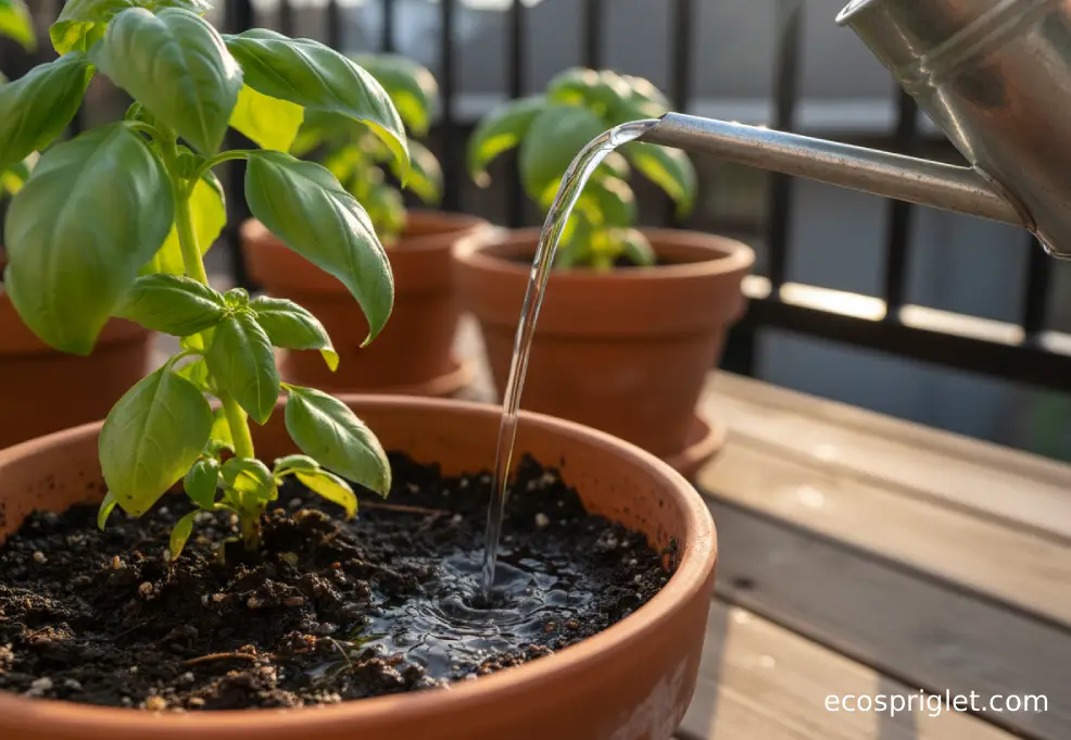 Diluted rice water is applied to the soil of a healthy basil plant in a terracotta pot.
