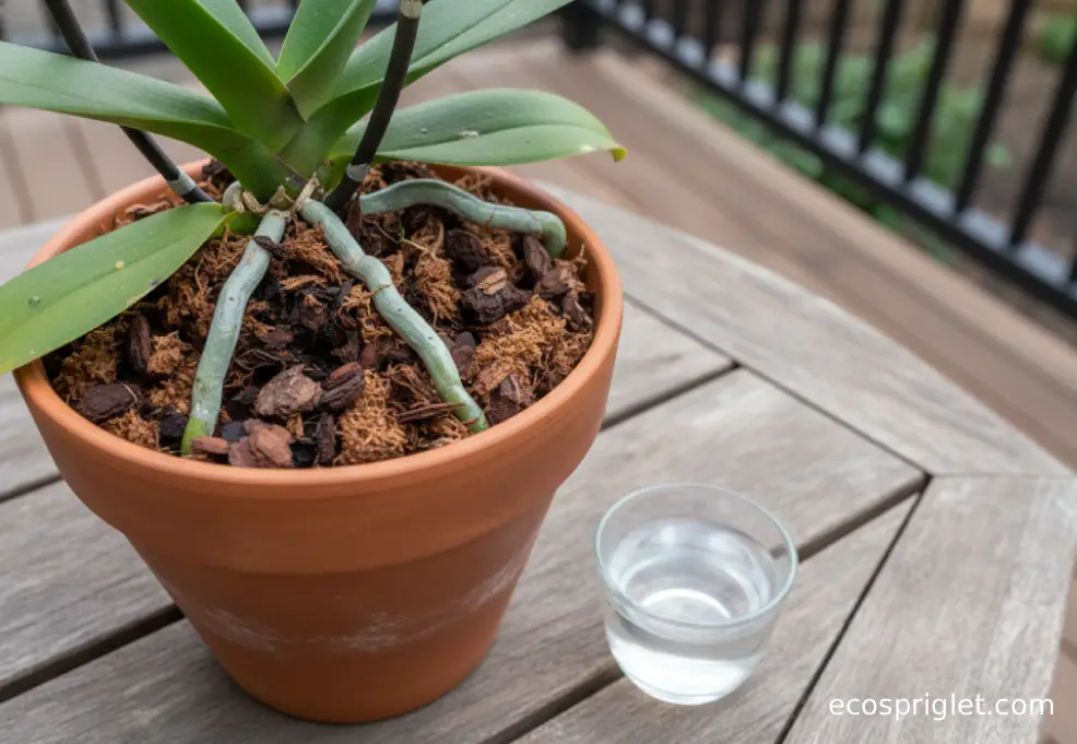 A moth orchid in bark mix sits beside a small cup of very diluted rice water.