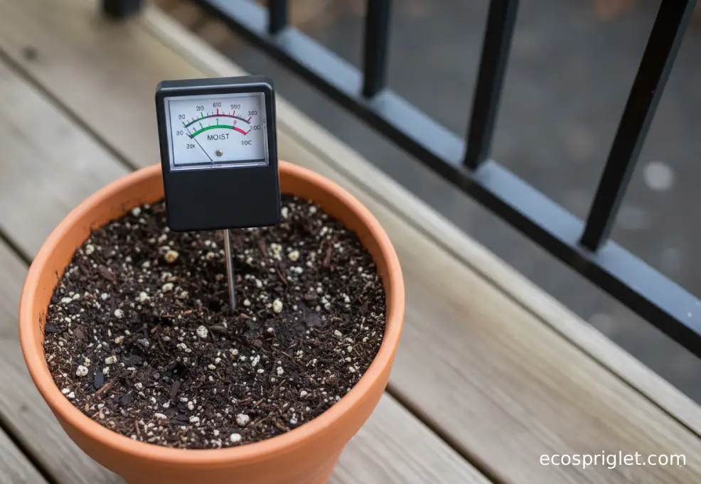 A moisture meter rests beside damp potting mix in a terracotta container after rice water use.