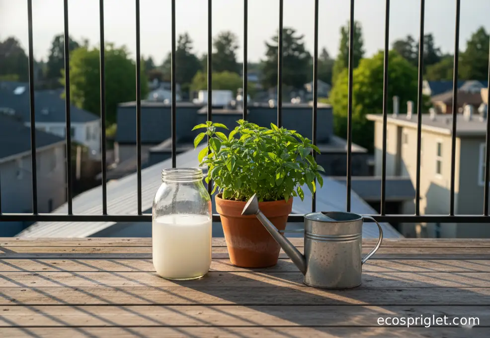 A jar of diluted rice water and a watering can sit beside a terracotta herb pot on a small terrace.