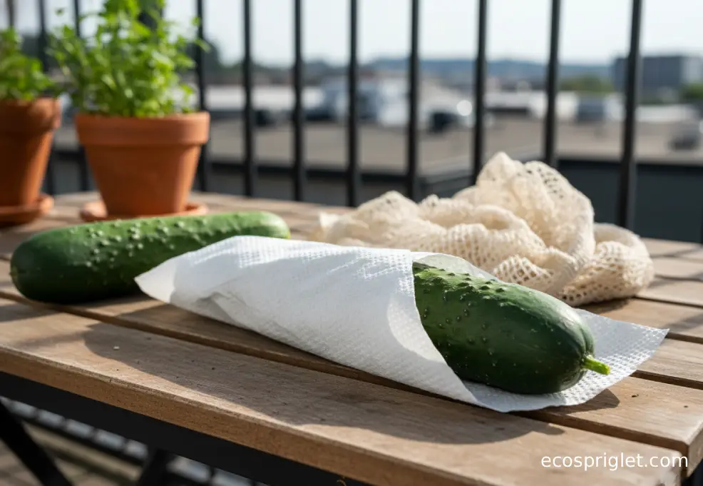 Whole cucumbers are wrapped in a paper towel beside a loose produce bag on a terrace table.