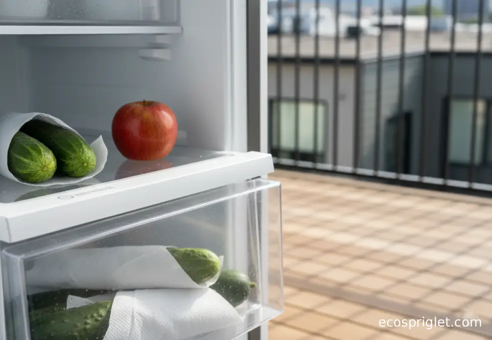 Paper-wrapped cucumbers sit near the front of a refrigerator crisper drawer away from fruit.