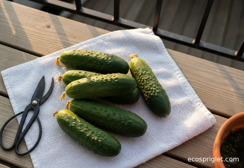 Fresh-picked cucumbers rest on a dry towel beside pruning shears on a terrace table.