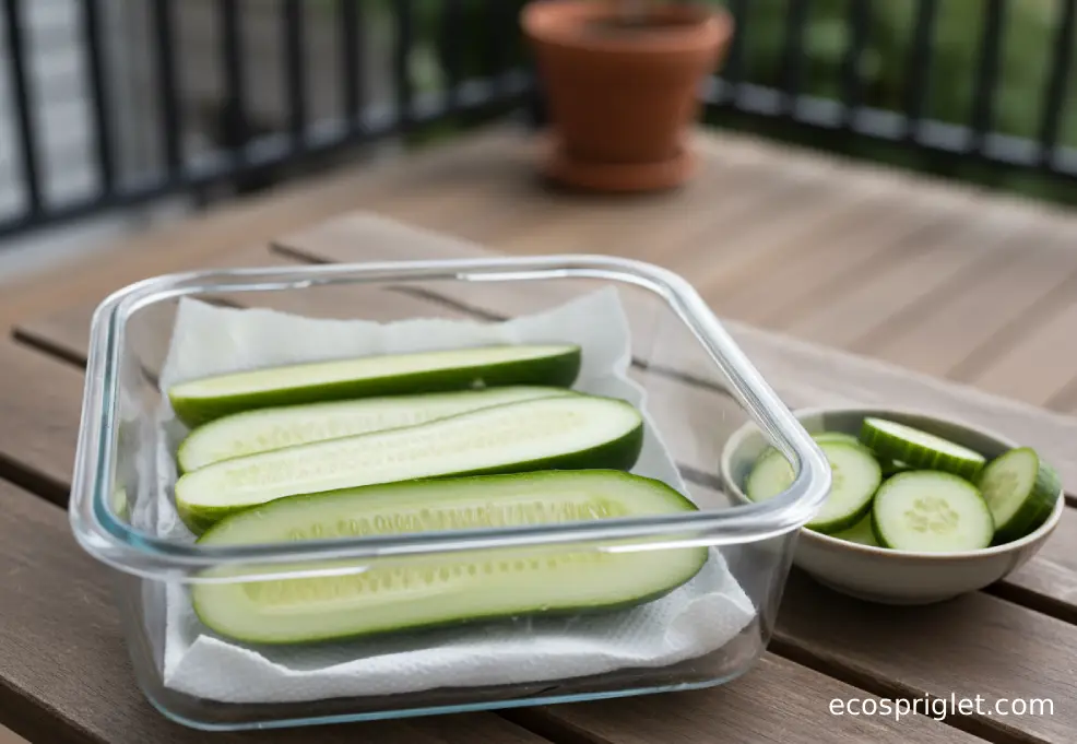 Cut cucumber halves sit in a glass container lined with a dry paper towel.
