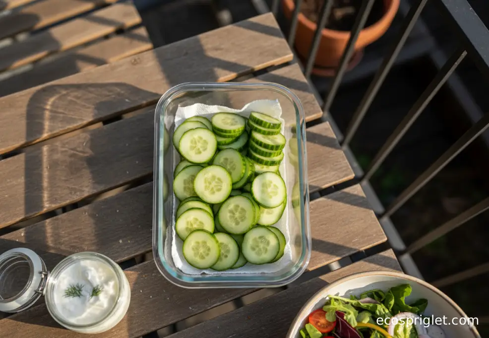 Sliced cucumbers are packed in a small airtight container with a dry paper towel.