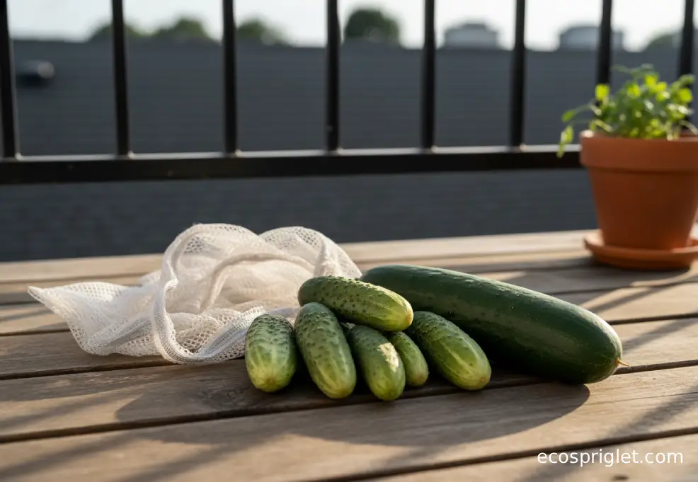 Mini cucumbers and an English cucumber are arranged beside a loose produce bag on a terrace table.