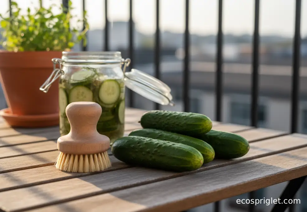 Clean cucumbers sit beside a vegetable brush and a small jar of quick refrigerator pickles.