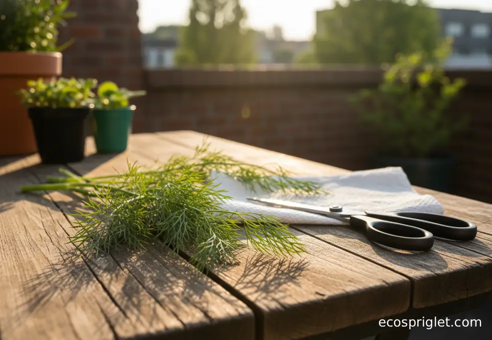 Fresh dill sprigs on a wooden table with paper towels and kitchen scissors, ready for trimming and storing.