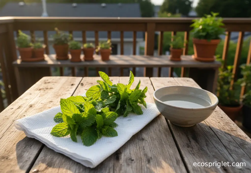 Fresh mint sprigs are blotted dry on a wooden table beside a small bowl of water.