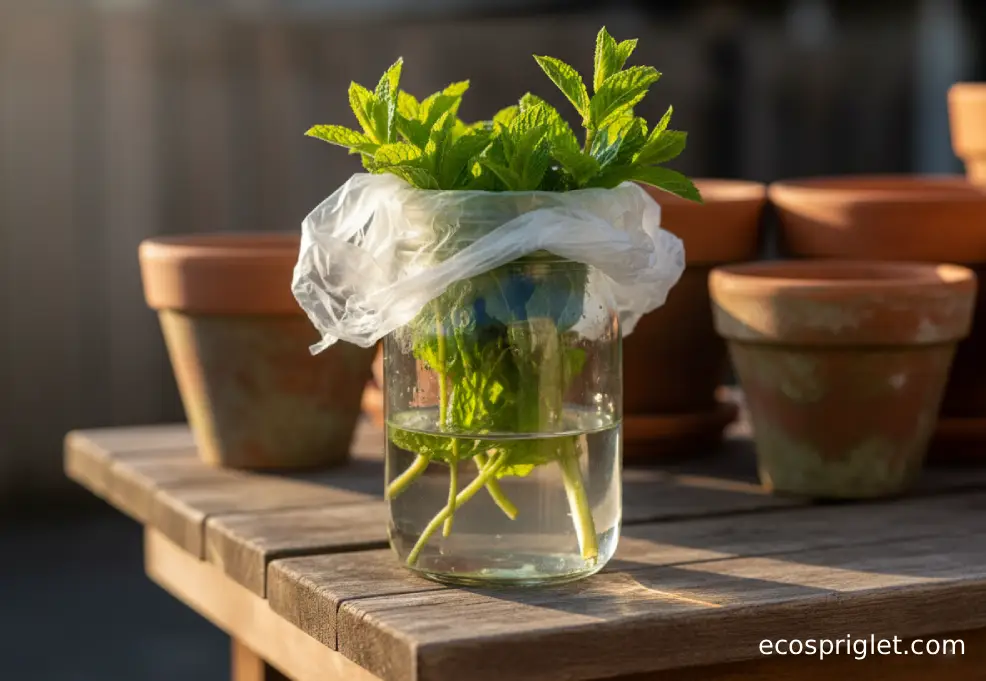 Mint stems sit in a glass jar with water and a loose bag covering the leaves.