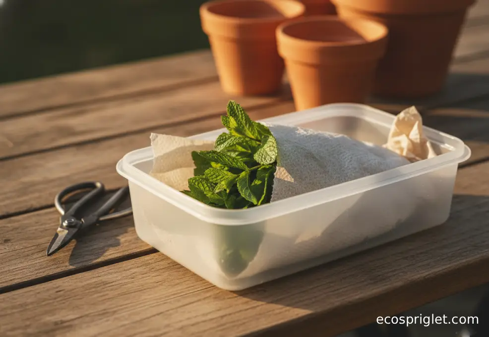 Mint leaves are wrapped in a damp paper towel inside a food container.