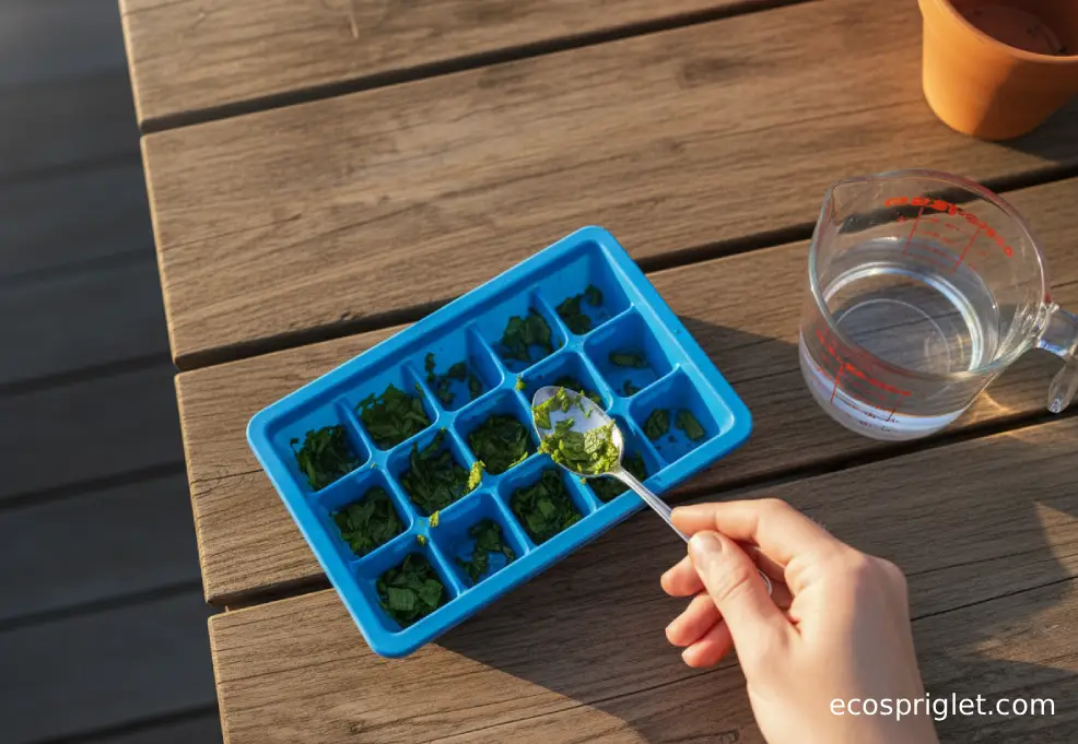 Mint is packed into an ice cube tray and covered with water for freezing.