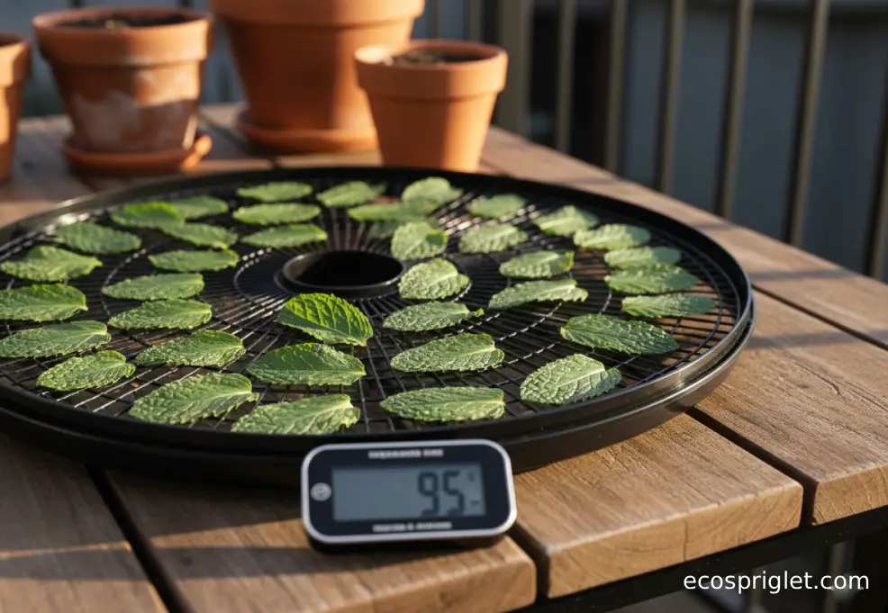 Mint leaves dry in a single layer on a dehydrator tray on a wooden table.