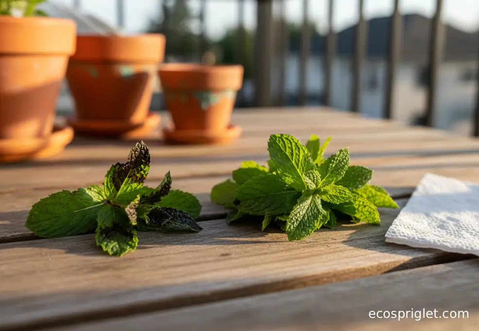 Blackened mint leaves sit beside fresh mint leaves on a wooden table with a paper towel.