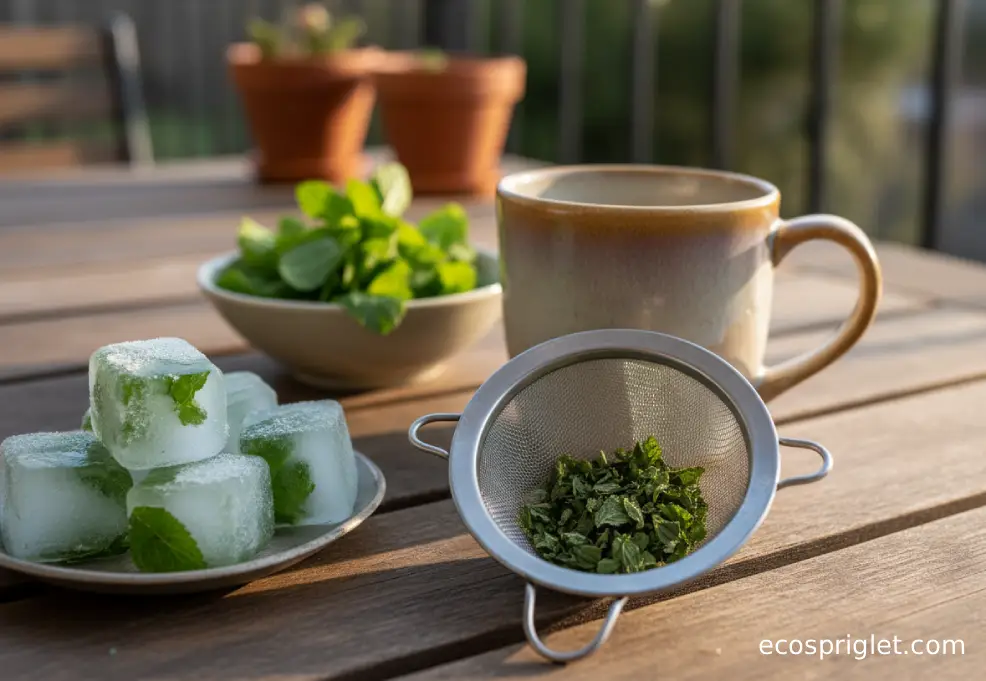 Mint ice cubes sit beside a mug with dried mint in a tea infuser on a wooden table.