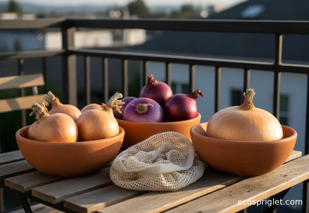 Three types of onions in terracotta bowls on a wooden terrace table in warm light.