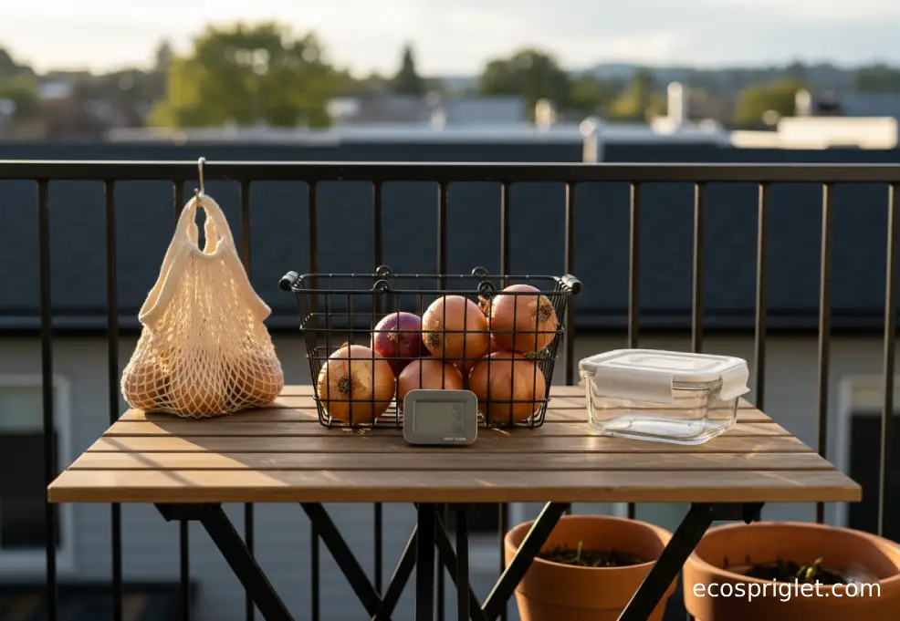 A wire basket and mesh bag for whole onions with an airtight container for cut onion storage.