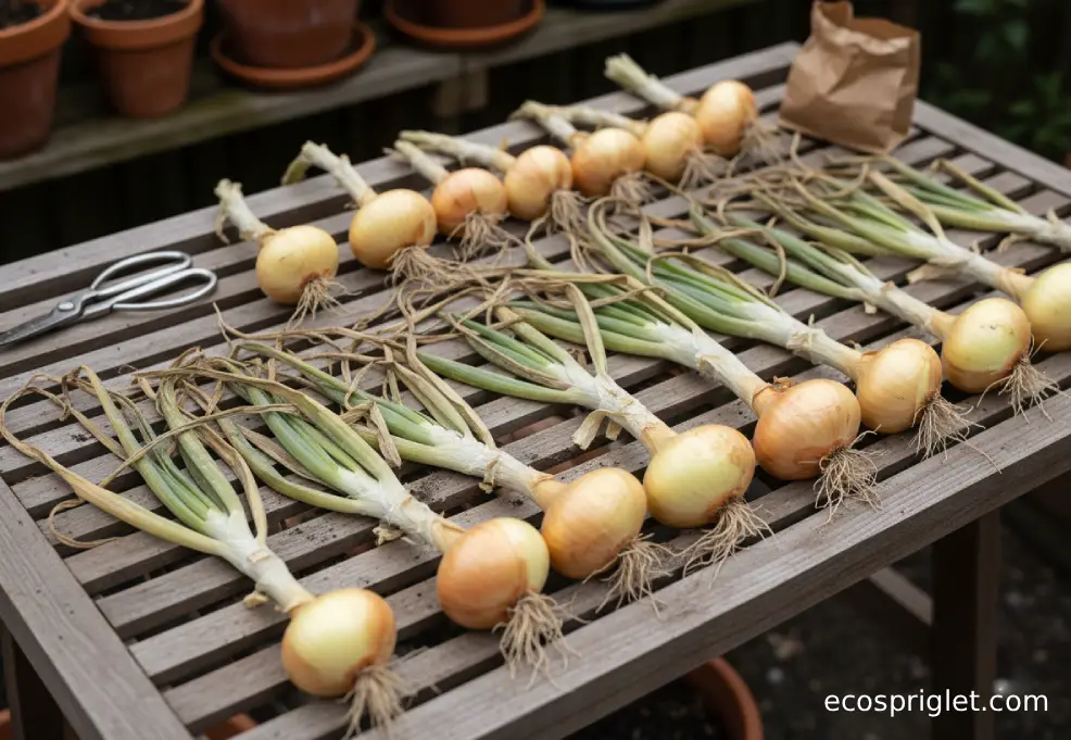 Bulb onions curing in a single layer on a slatted rack with drying tops.