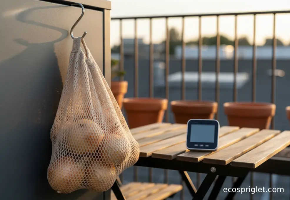 Whole onions stored in a breathable mesh bag hanging near a pantry cabinet.