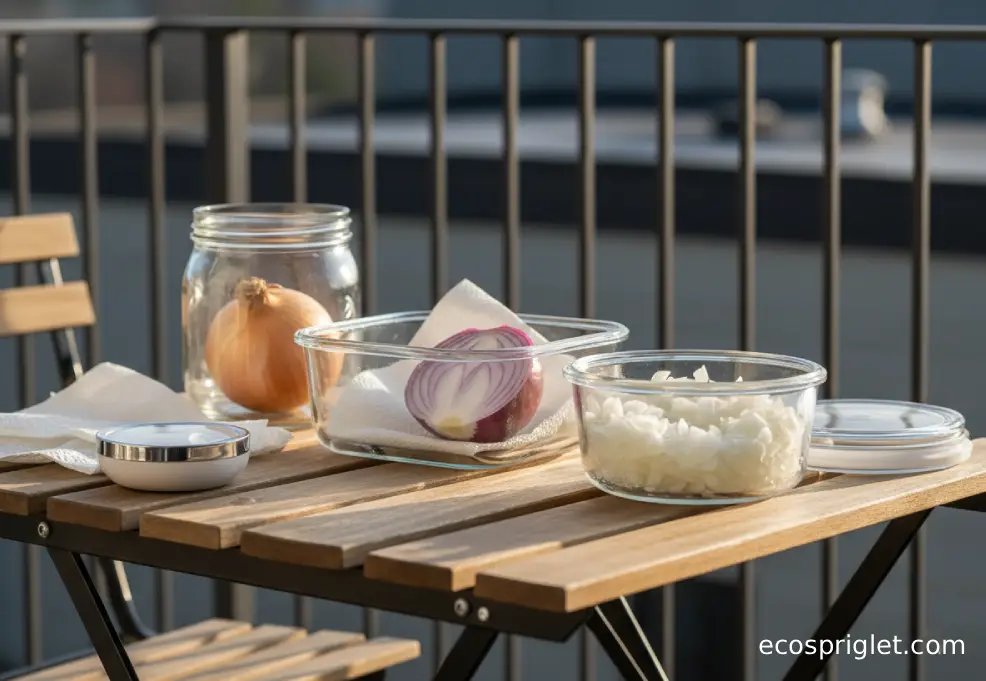 Containers showing whole, cut, and frozen onions arranged on a wooden table.