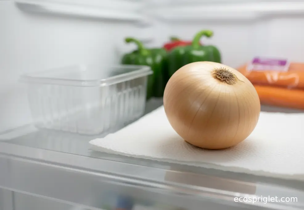 A whole onion stored on a dry paper towel inside a refrigerator crisper drawer.