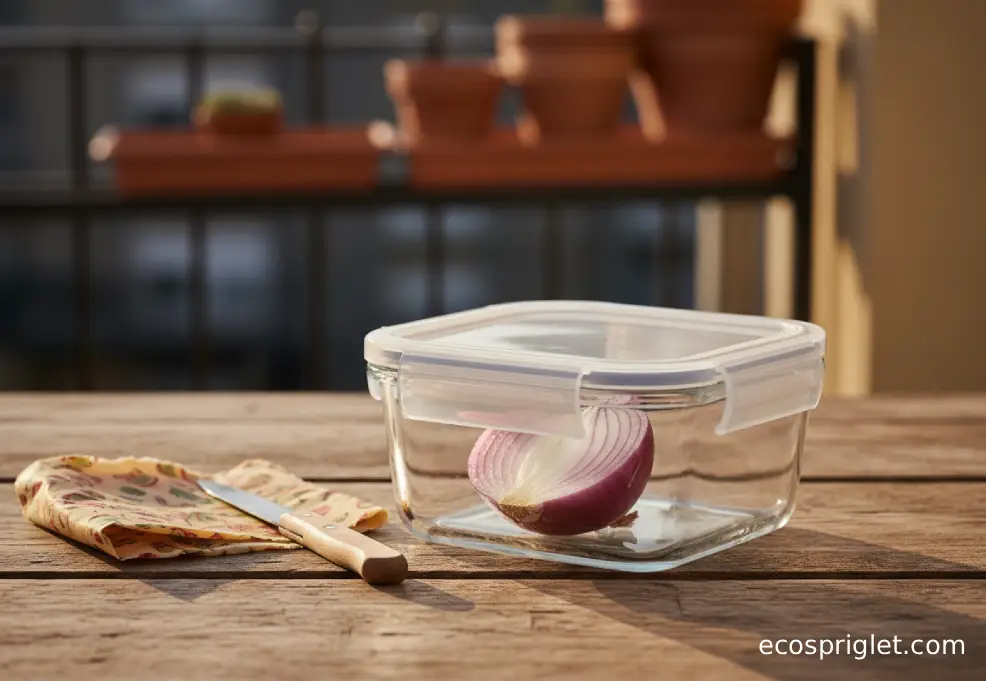 A cut half onion stored in an airtight glass container with a snap lid.