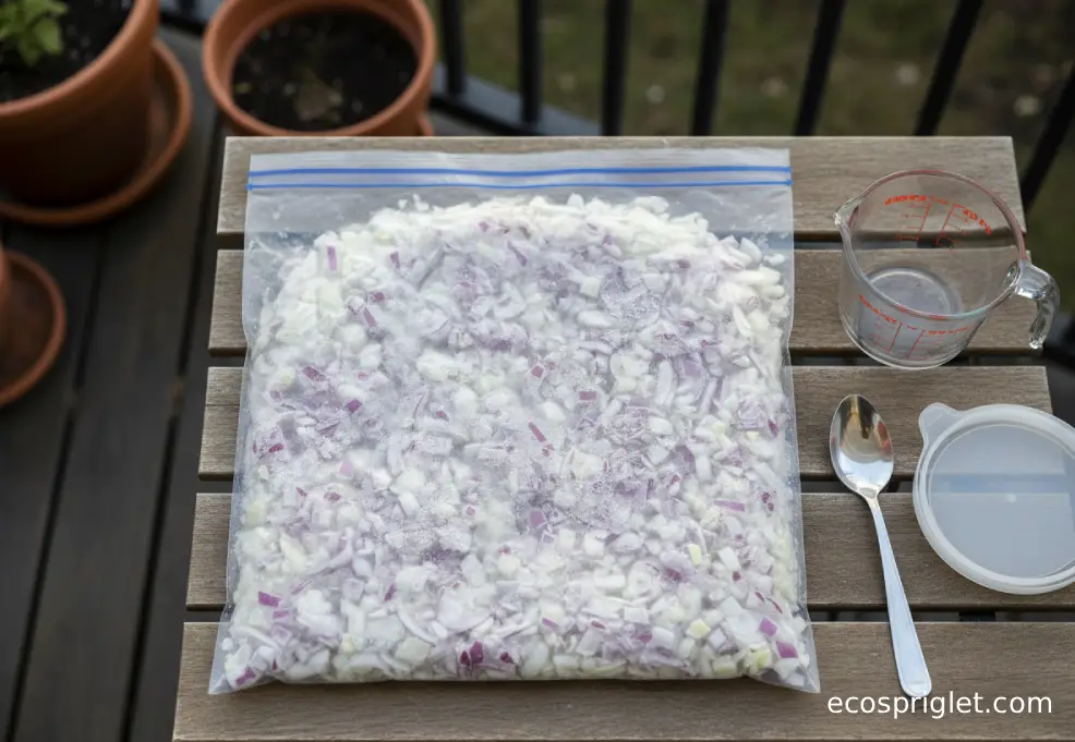 Chopped onions pressed flat in a freezer bag for long-term storage.