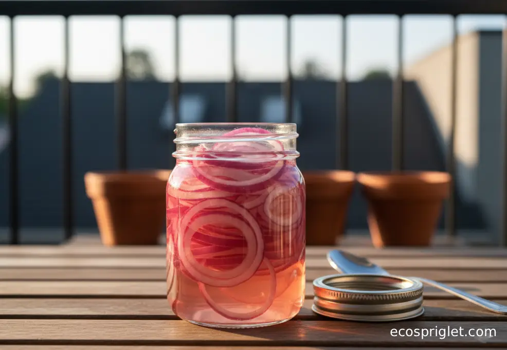 A glass jar of quick pickled red onions sitting on a wooden table with the lid nearby.