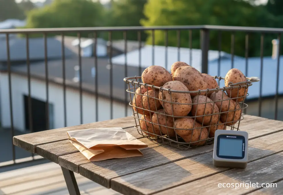 Close-up of unwashed russet potatoes in a ventilated wire basket on a wooden terrace table in warm golden light.