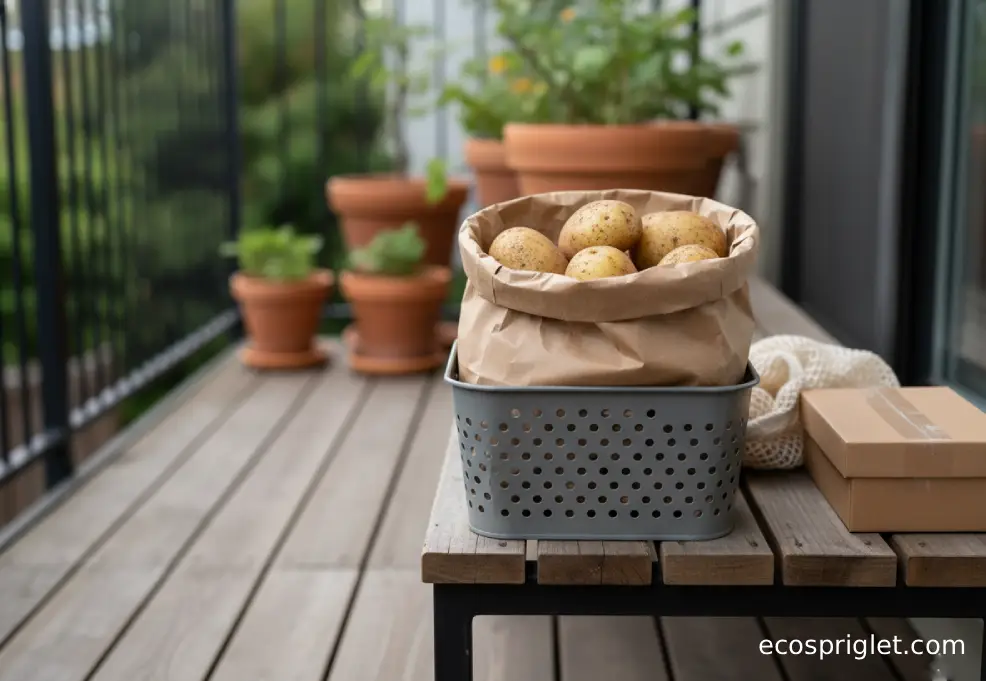 A brown paper bag of potatoes tucked inside a ventilated storage bin on a shaded balcony shelf with terracotta pots behind.