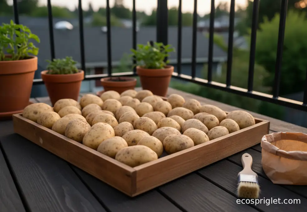 Freshly harvested potatoes curing in a single layer on a wooden tray in a dark, well-ventilated corner of a small terrace.