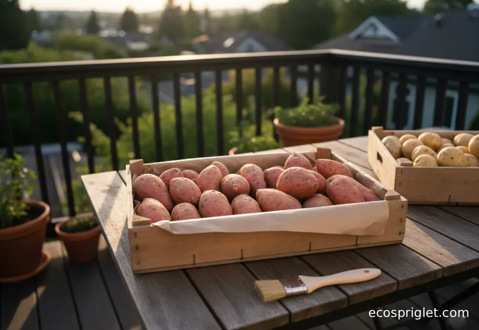 Sweet potatoes in a shallow crate lined with paper on a cool shelf, stored separately from white potatoes.
