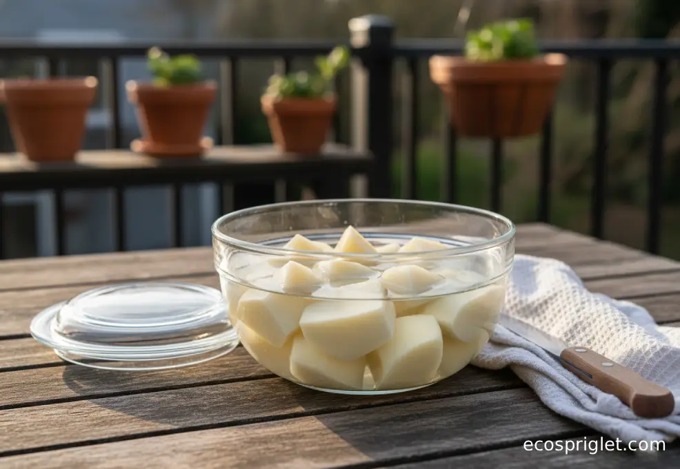 Peeled potato cubes submerged in water in a glass bowl on a wooden terrace table for meal prep.