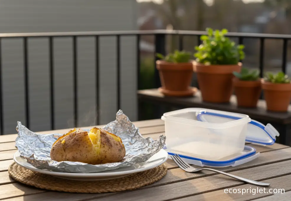 A baked potato cooling after being unwrapped from foil beside an airtight container for refrigeration.