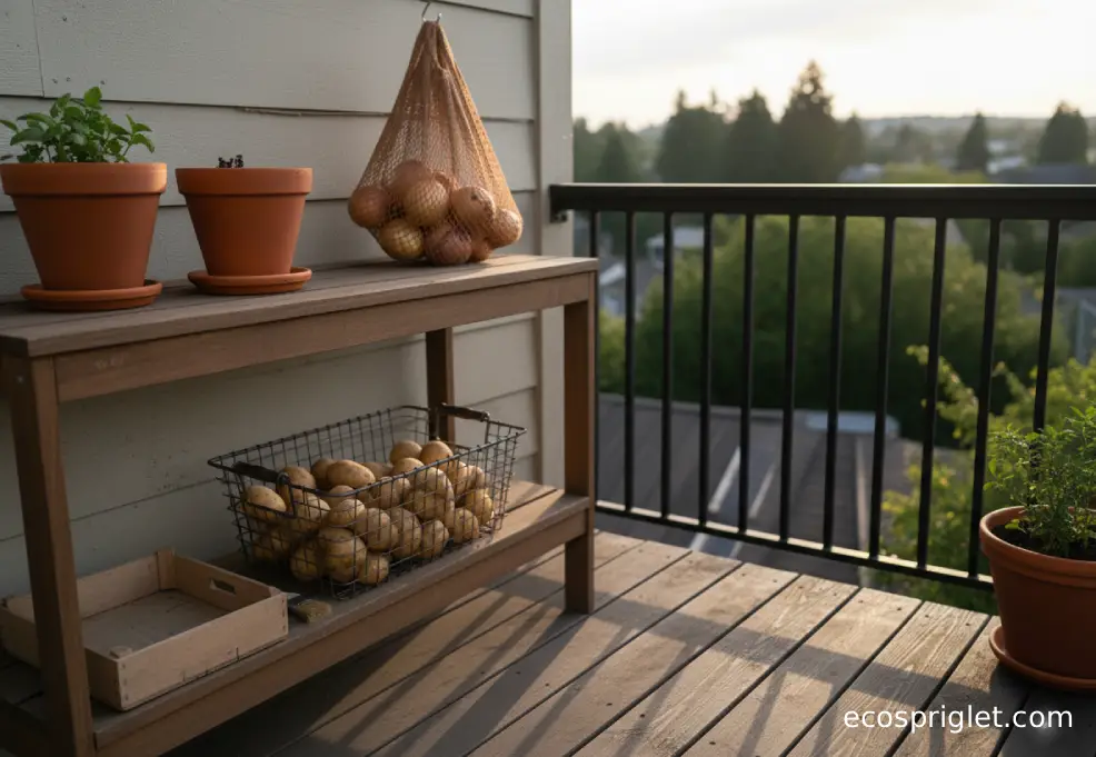 Potatoes stored in a ventilated basket on a lower shelf with onions kept separately in a hanging mesh bag.