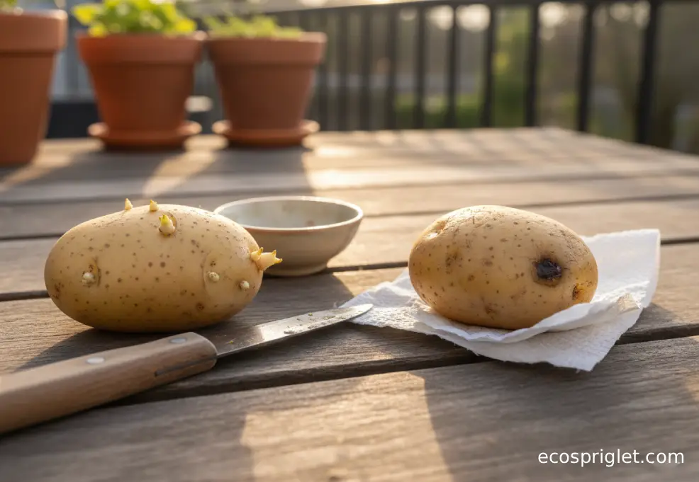 A firm sprouted potato beside a knife next to a soft leaking potato for a keep-or-toss comparison.