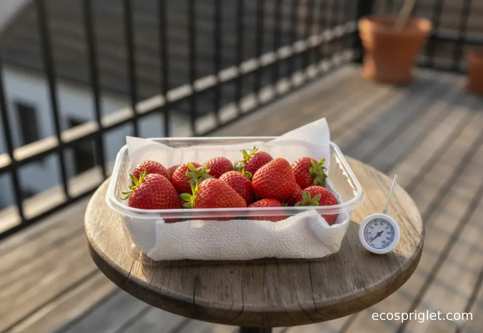Close-up of strawberries resting on a paper towel inside a vented container on a terrace table.