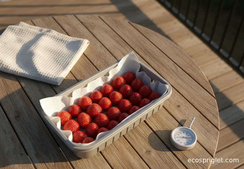 Unwashed strawberries in a single layer on paper towels next to a fridge thermometer.