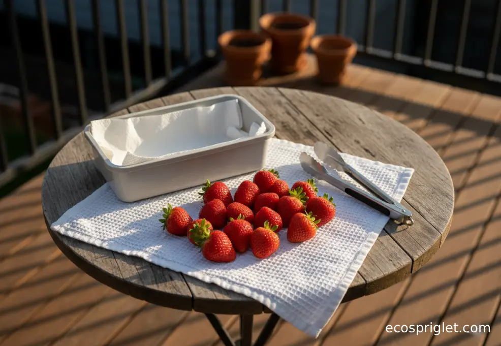 Strawberries drying on a towel next to a paper towel-lined storage container.