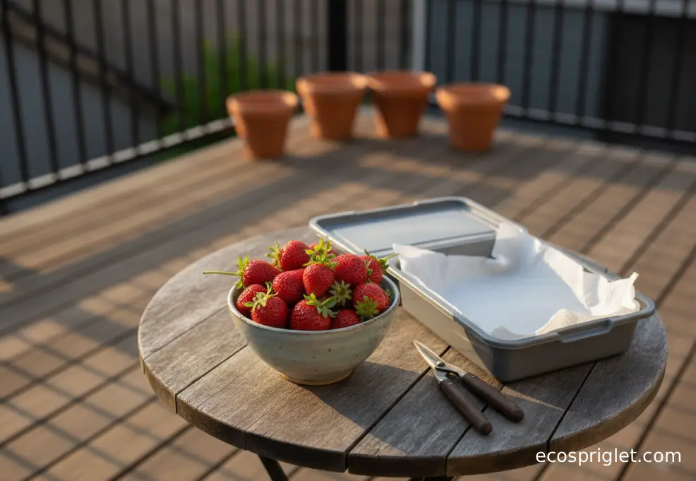 Freshly picked strawberries in a bowl beside a paper towel-lined storage container.