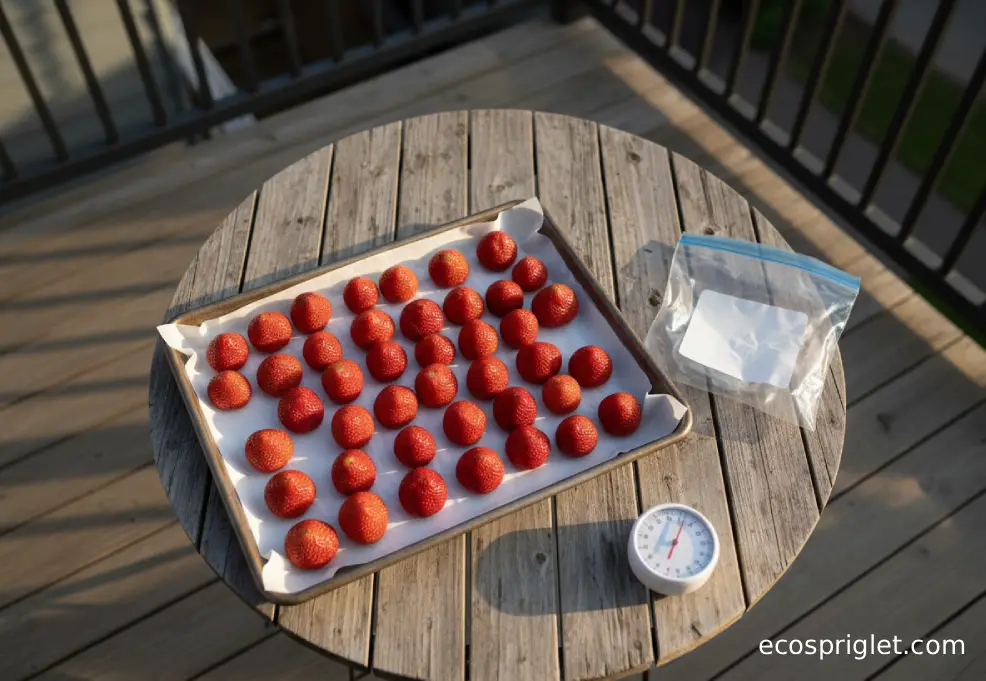 Strawberries arranged on a parchment-lined tray next to a freezer bag for freezing.
