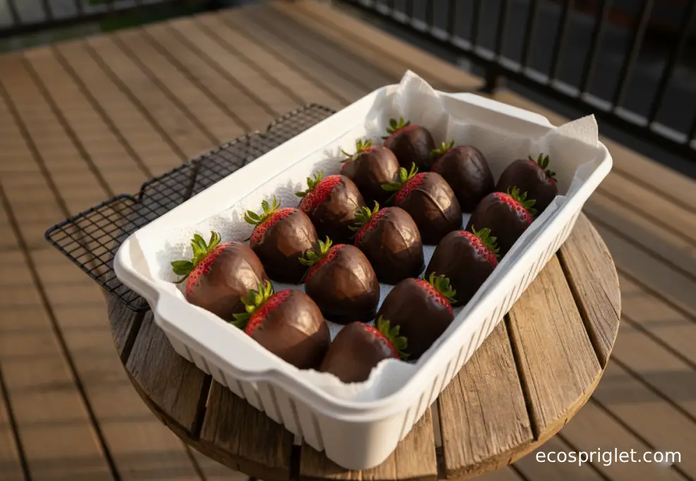 Chocolate-covered strawberries stored in a lined container with parchment and paper towels.