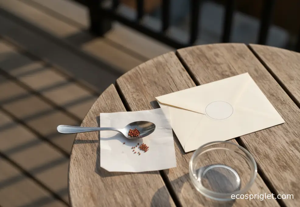 Strawberry seeds collected on parchment next to a small paper envelope on a terrace table.