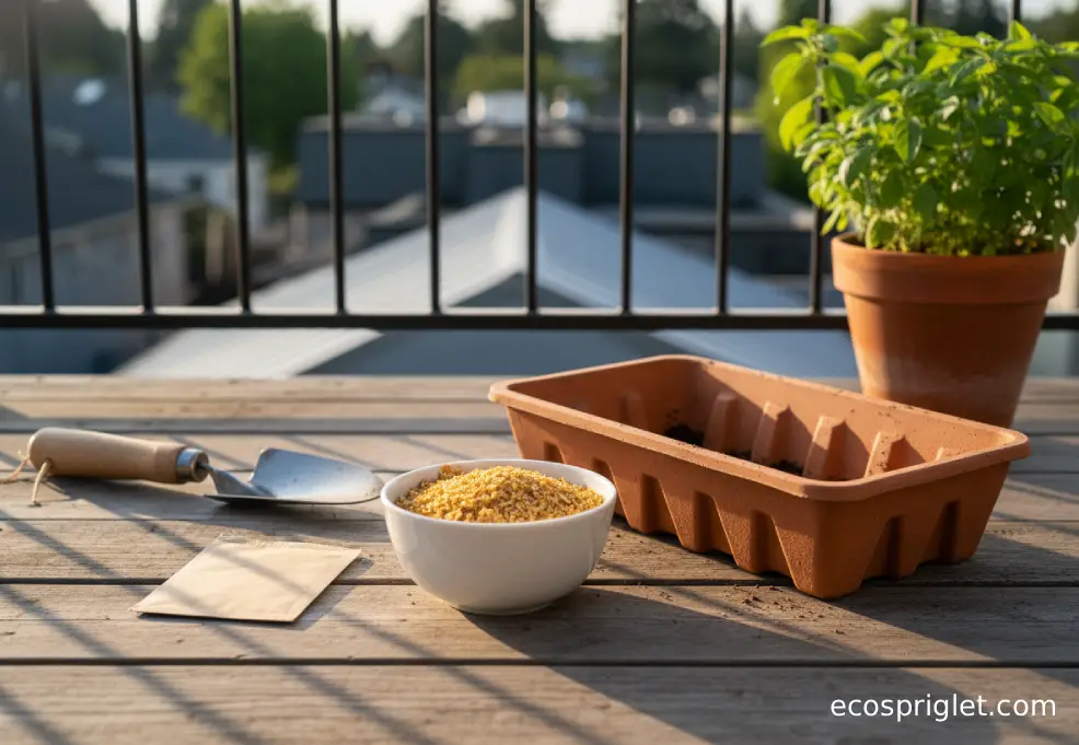 A small bowl of golden vermiculite granules beside a terracotta seed tray on a Portland terrace table.